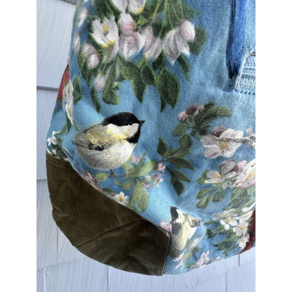 Sally Bag Bird Print Shoulder‎ Bag Floral Cotton Corduroy Trim Zip Hobo